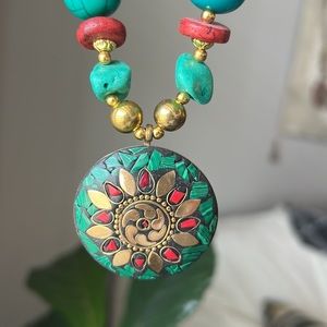 Ethnic Handmade Turquoise Red Coral Stone Gold Plated Bead Necklace 18-20"